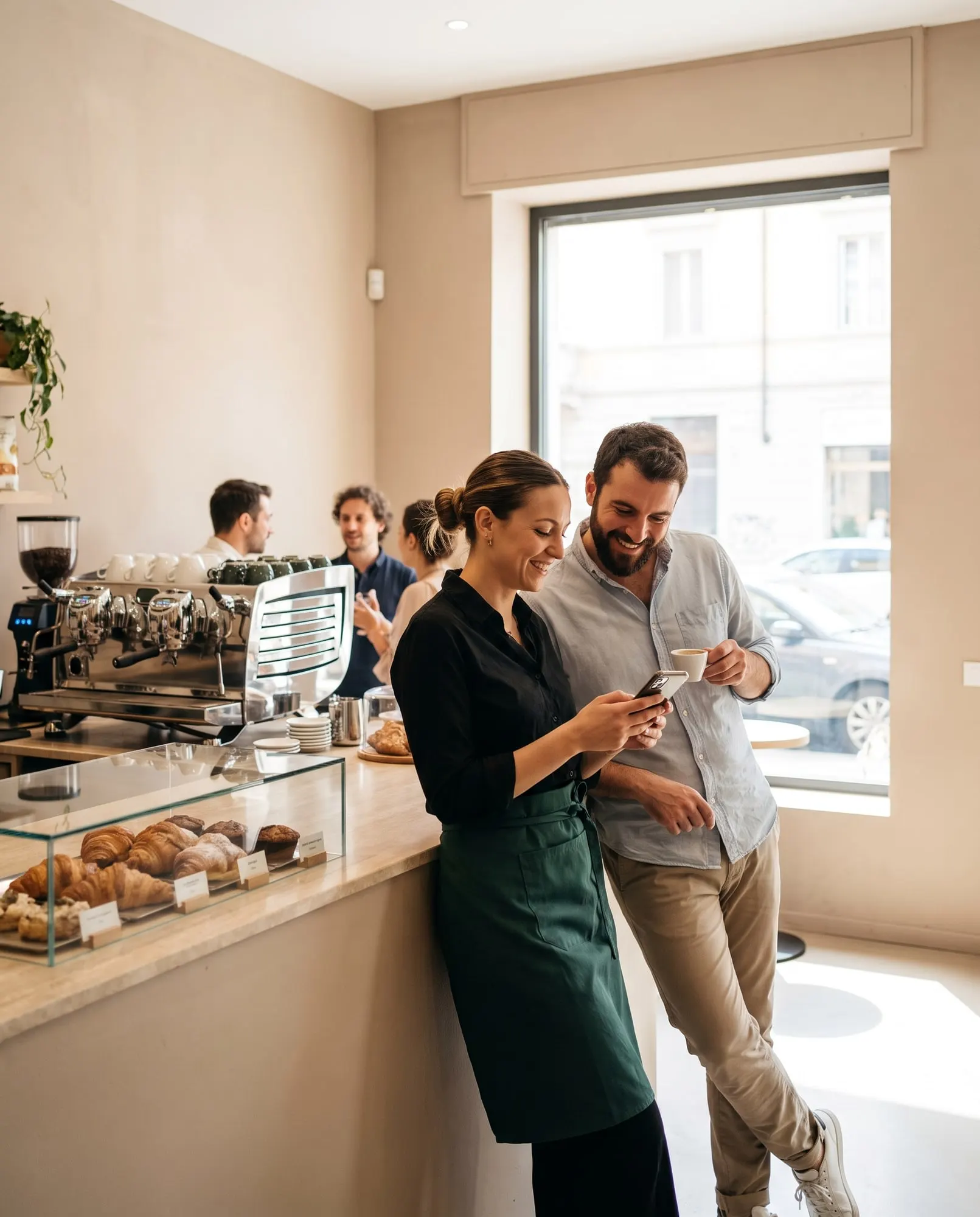 Titolare e collaboratrice di un bar guardano insieme l’agenda sul telefono, banco con brioche