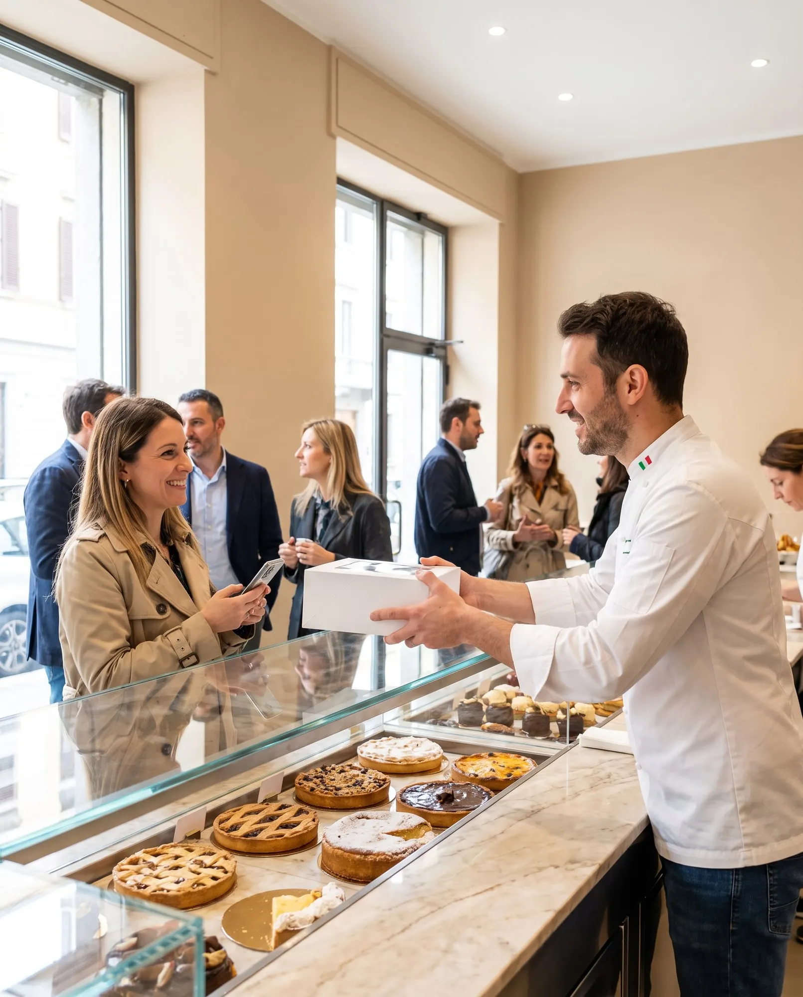 Pasticciere consegna una scatola a una cliente davanti alla vetrina dei dolci