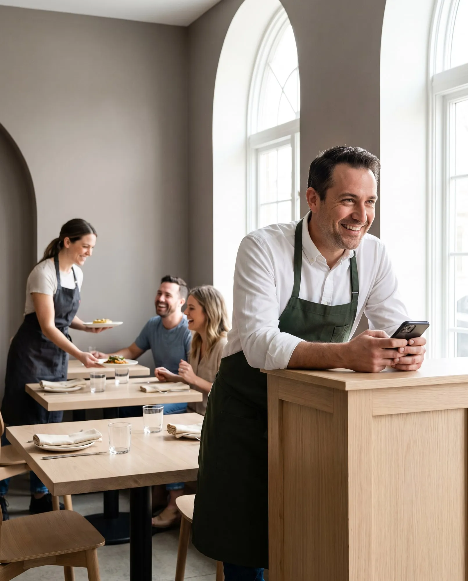 Titolare di un ristorante al banco con il telefono in mano, sala luminosa con clienti ai tavoli